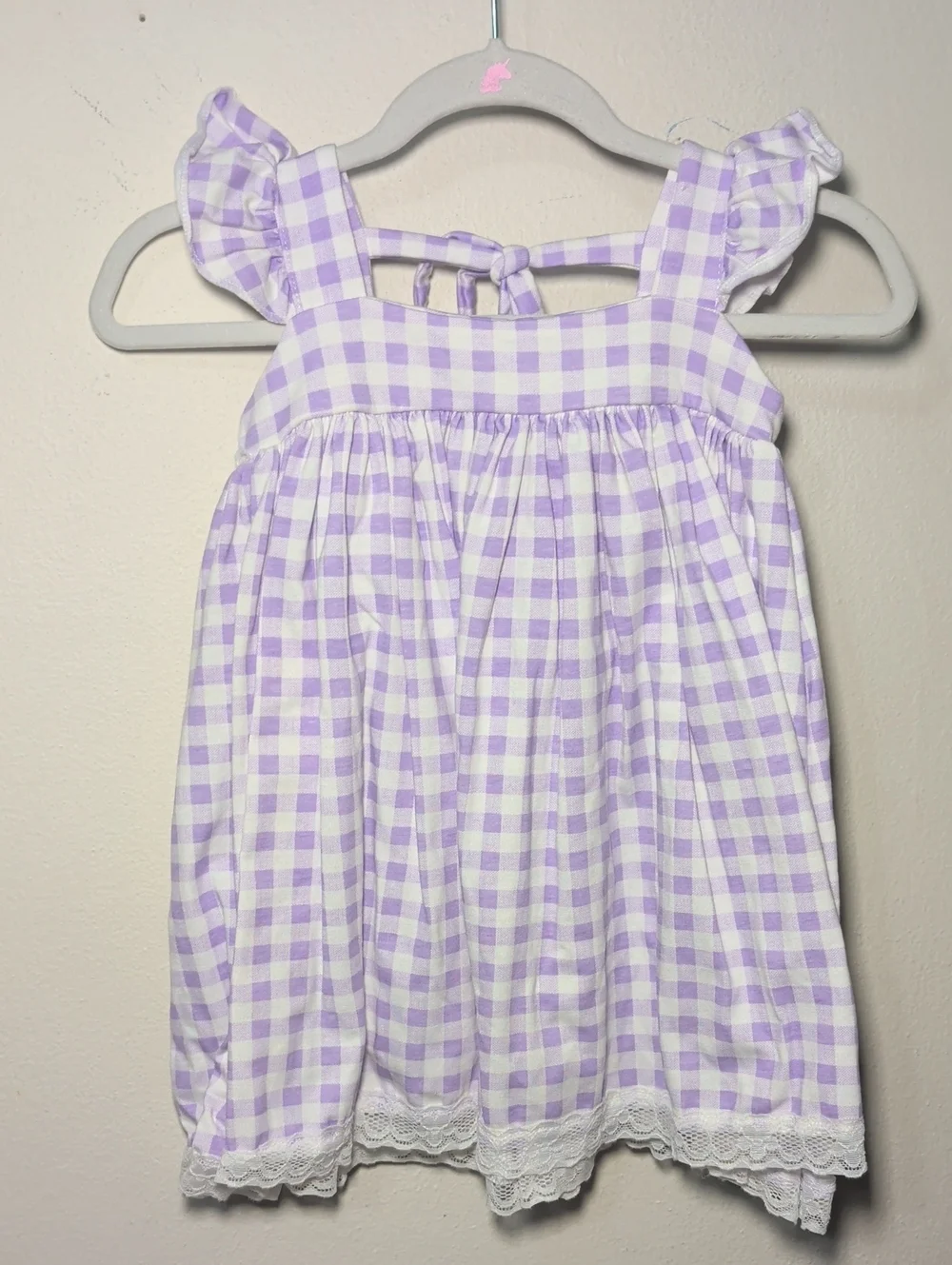 Belles Beauties Gingham Dress Lavender White Ruffle Sleeves Lace Girls Size 24M
